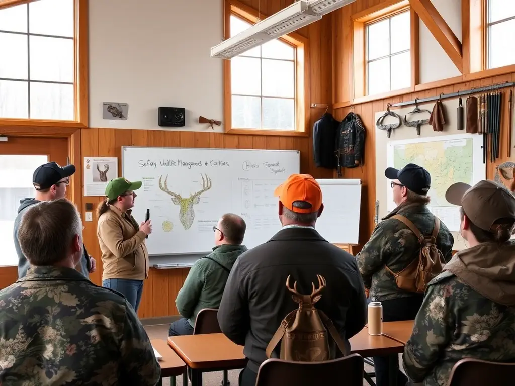 A photograph showing a group of hunters attending a workshop on ethical hunting practices and wildlife management. The setting is a classroom or outdoor training area, with an instructor leading the session.