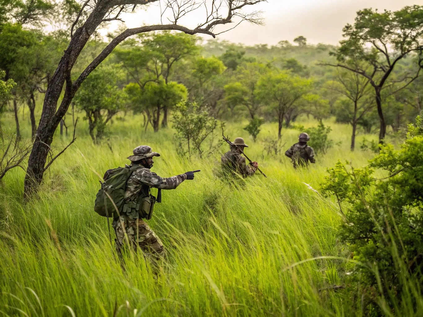 A group of hunters in a forest, showcasing the camaraderie and ethical hunting practices promoted by ACCAC during organized events.