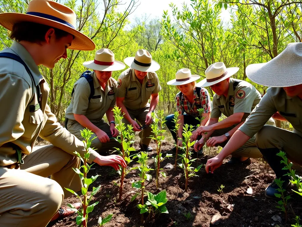 A group of ACCAC members participating in a wildlife habitat restoration project, planting native trees and shrubs.