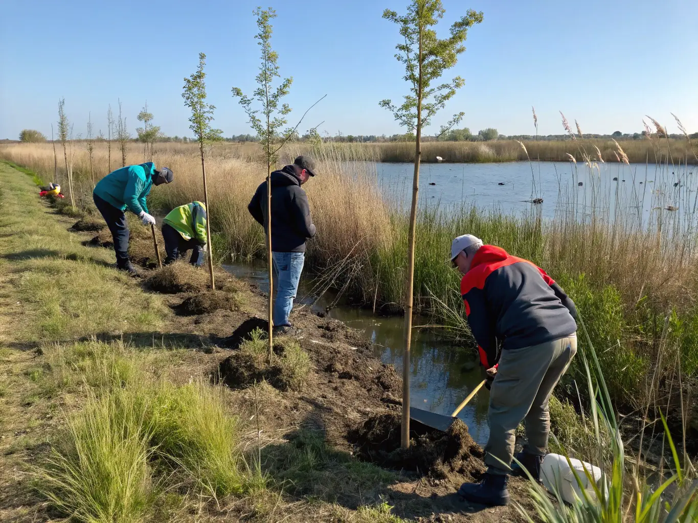 A photograph depicting members of the hunting club participating in a wildlife habitat restoration project, planting native trees and shrubs in a designated area. The image should convey a sense of teamwork and environmental stewardship.