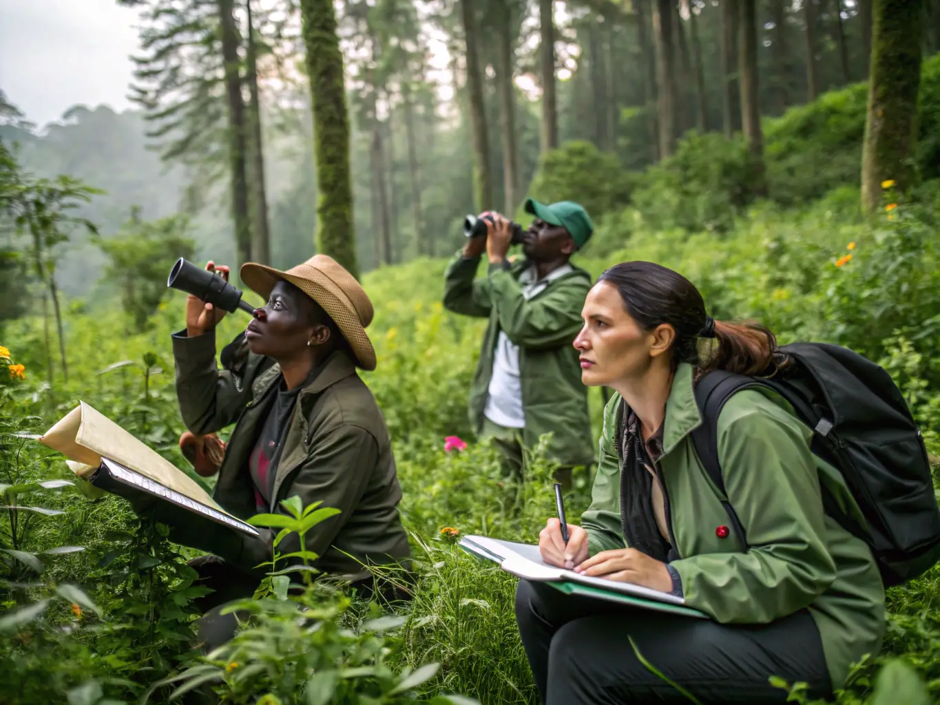 A picturesque landscape showing conservationists working to preserve a natural habitat, emphasizing ACCAC's dedication to environmental stewardship.