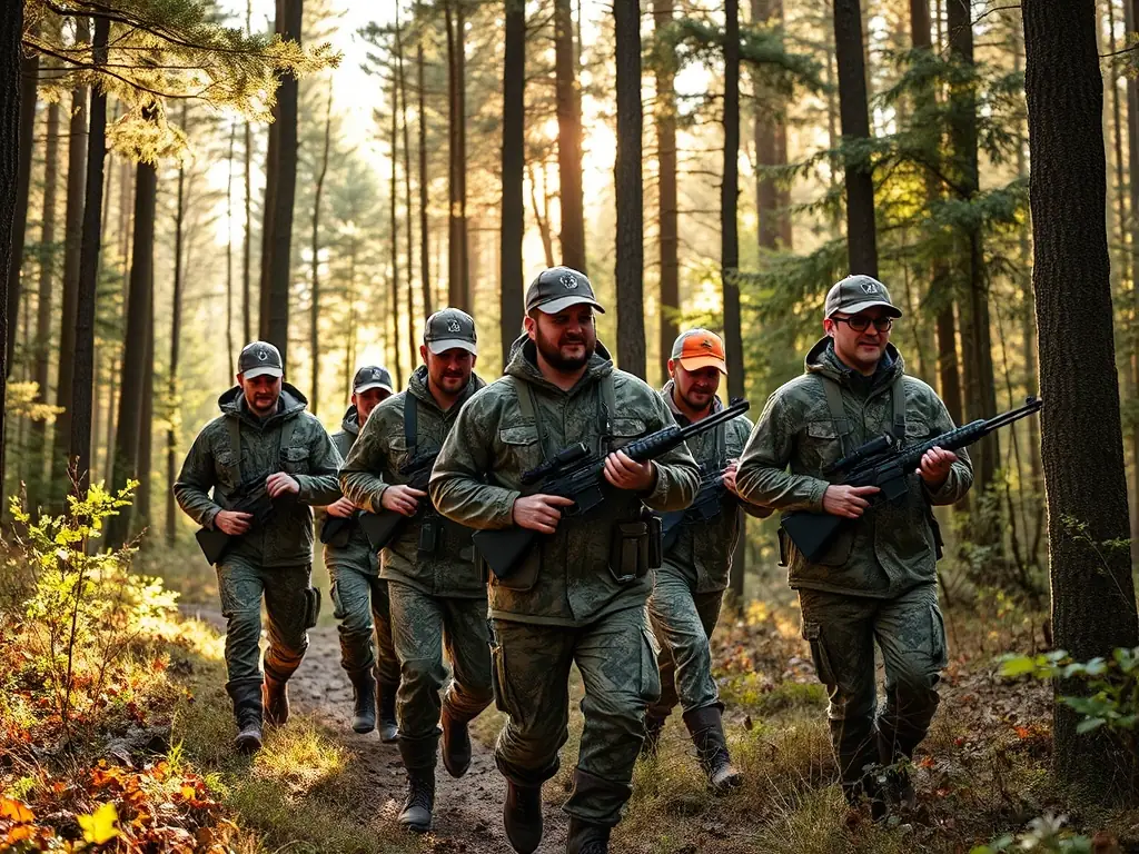 An image capturing a group of hunters on an organized hunting trip, showcasing the camaraderie and respect for wildlife. The scene should depict responsible hunting practices in a natural setting.