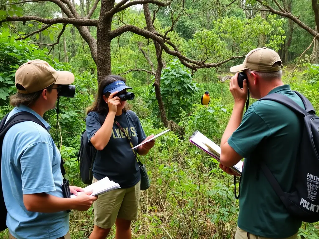 A lush forest area with conservationists monitoring wildlife and habitat health, showcasing ACCAC's commitment to wildlife conservation.